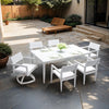 Modern 7 Piece Outdoor Dining Set - Dining Table with Umbrella Hole, 4 Dining Chairs, 2 Swivel Rockers, Sunbrella Fabric Cushion in Matte White & Gray