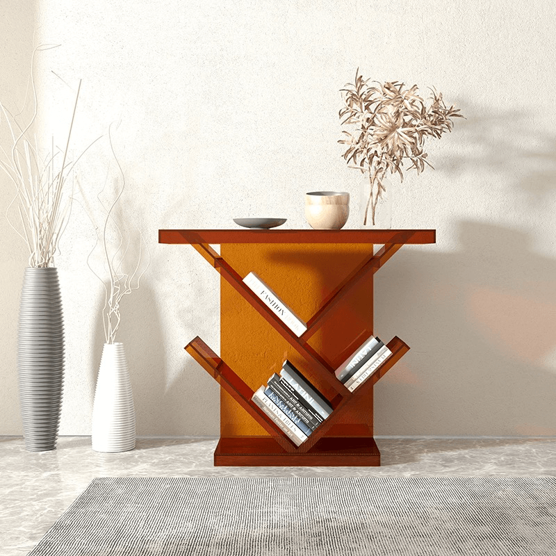 Elegant Acrylic Amber Console Table with Book Organizer – CharmyDecor