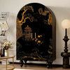 Arched Armoire Cabinet with Gold & Black Landscape Canvas Doors & Shelves