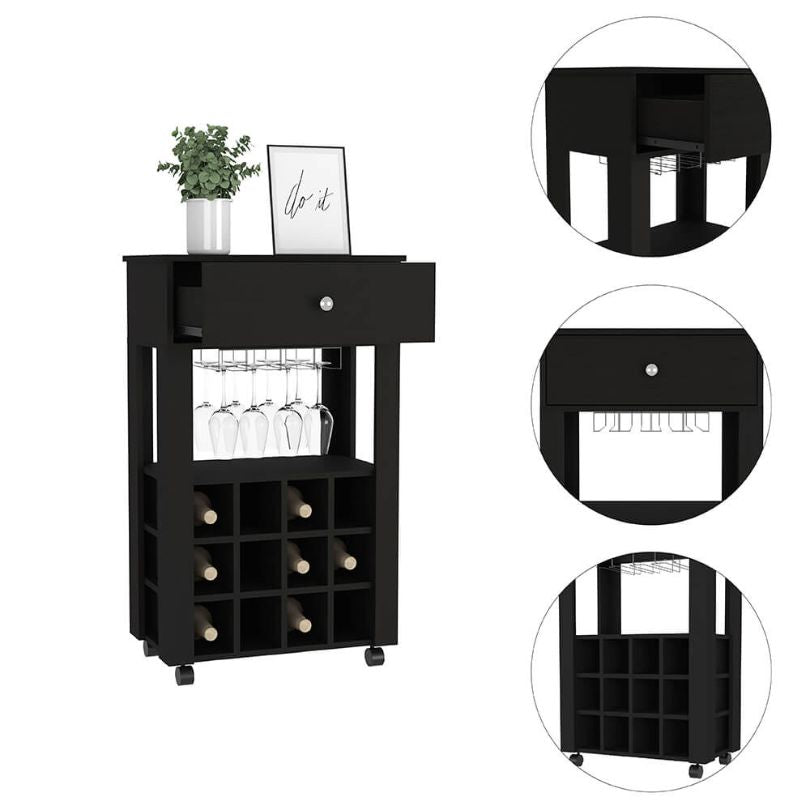 Elegant Black Wine Cart with 12 Cubbies & Open Shelf – CharmyDecor