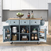 Modern Blue Wood Kitchen Island on Wheels with Drop-Leaf Countertop, Drawers & Doors