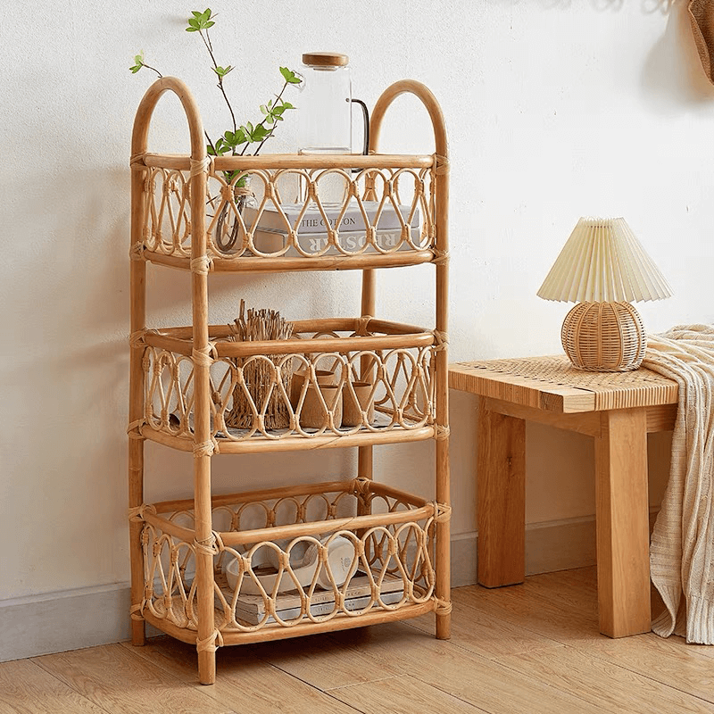 Elegant Boho Woven Rattan Storage Rack for Home Decor – CharmyDecor