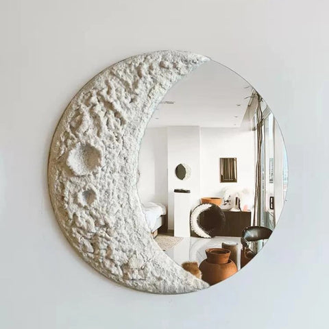Modern Crescent Moon Mirror with LED Light & Clay Frame