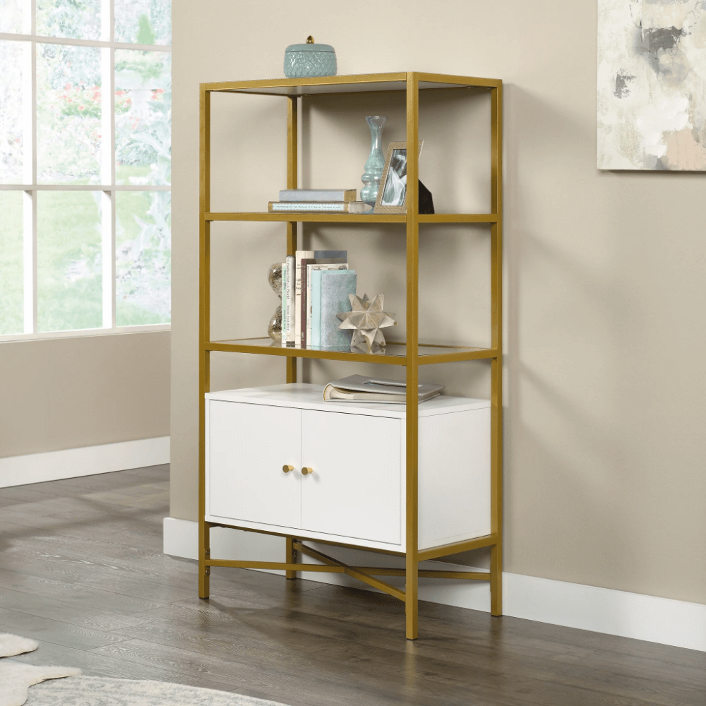 Antique Brass Bookshelf - 3 Shelf Modern Standing Bookcase- CharmyDecor
