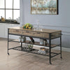 64" Farmhouse Kitchen Island with 3 Drawers, 2 Metal & Wood Slatted Shelves, Rustic Oak & Black Finish