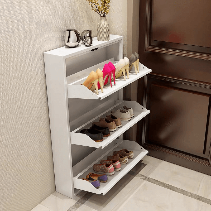 Black Narrow Shoe Storage Cabinet with 3 Shelves Wall Mounted in Medium