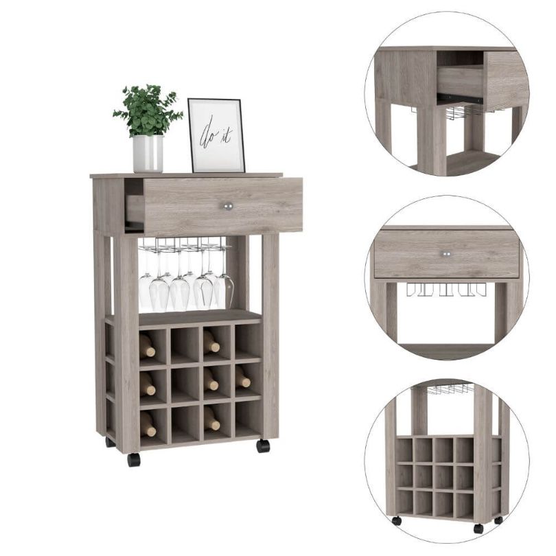 Light Gray 12-wine Cubbies Open Shelf Bar Cart with Drawer and 4 Legs ...