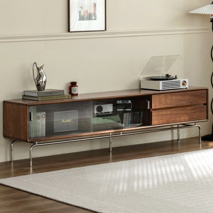 a walnut TV stand image, with 2 sliding glass doors, and 2 drawers to store your accessories 