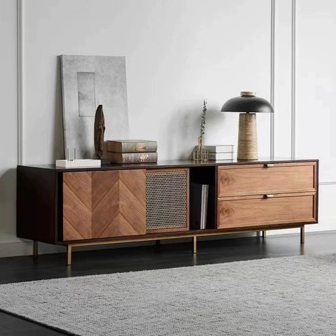 Mid-century Modern Wood TV Stand with Honeycomb Sliding Doors, Two Drawers, and Stainless Steel Legs