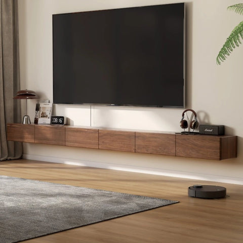 Minimalist Solid Walnut Floating TV Stand with Two Drawers
