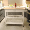 Mobile White Kitchen Island with Rubber Wood Top and Lockable Wheels