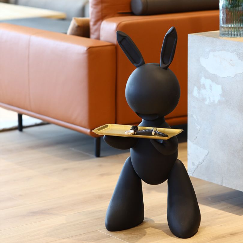 Black Resin Rabbit Modern Resin Rabbit Statue with Tray - Decorative Sculpture – CharmyDecor