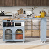 Modern Extendable Wood Kitchen Island in Light Blue with Glass Doors, Wheels, LED Light, & Power Outlet