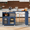 Modern Extendable Wood Kitchen Island in Navy Blue with Glass Doors, Wheels, LED Light, & Power Outlet