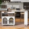 White Modern Extendable Wood Kitchen Island with Glass Doors, Wheels, LED Light, & Power Outlet