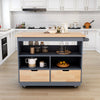Modern Rolling Blue Kitchen Island with Storage Rack and Wood Top