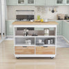 Modern Rolling White Kitchen Island with Storage Rack and Wood Top