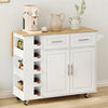 Multipurpose White Kitchen Island Cart with Storage Cabinet, Towel Holder, Wine Rack, & Foldable Tabletop