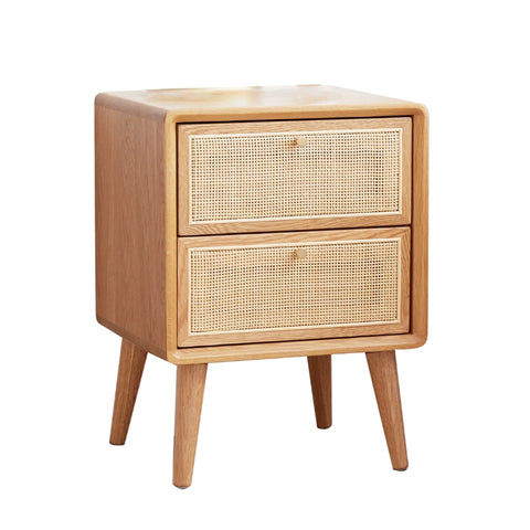 Natural Oak and Rattan Nightstand with 2 Drawers