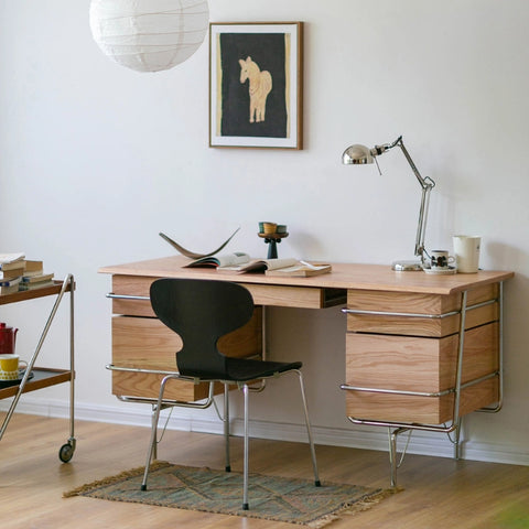 Natural Trimline Wooden Desk with Drawers & Chrome Tubular Frame