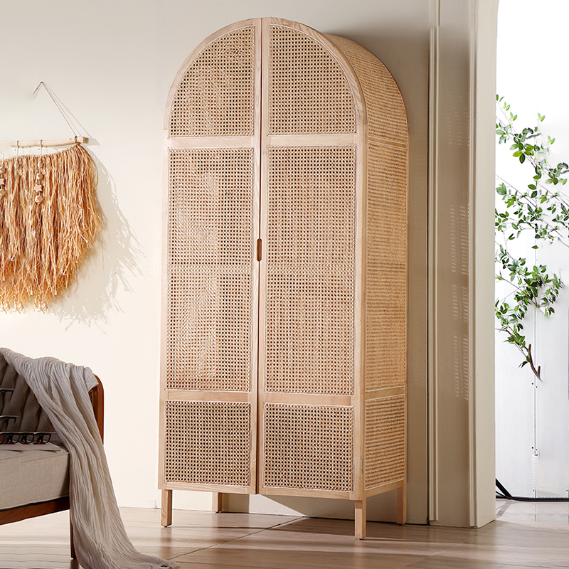 Arched Rattan Wardrobe in Ash Wood with Drawers & Doors – CharmyDecor