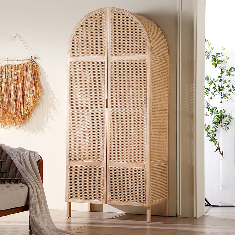 Arched Rattan Armoire Wardrobe in Ash Wood Frame with Drawers and Door ...