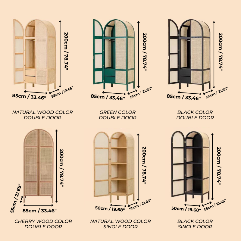 Arched Rattan Armoire Wardrobe in Ash Wood Frame with Drawers and Door ...