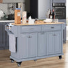 Grey Small Kitchen Island on Wheels with Two Large Drawers, Natural Wood Top & Adjustable Shelves