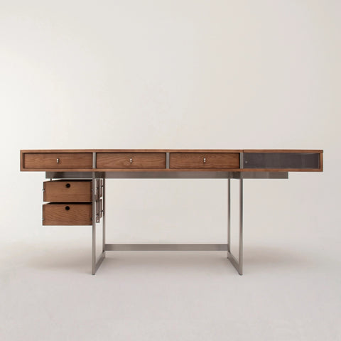 Solid Wood Executive Desk with 5 Drawers & Stainless Steel Frame