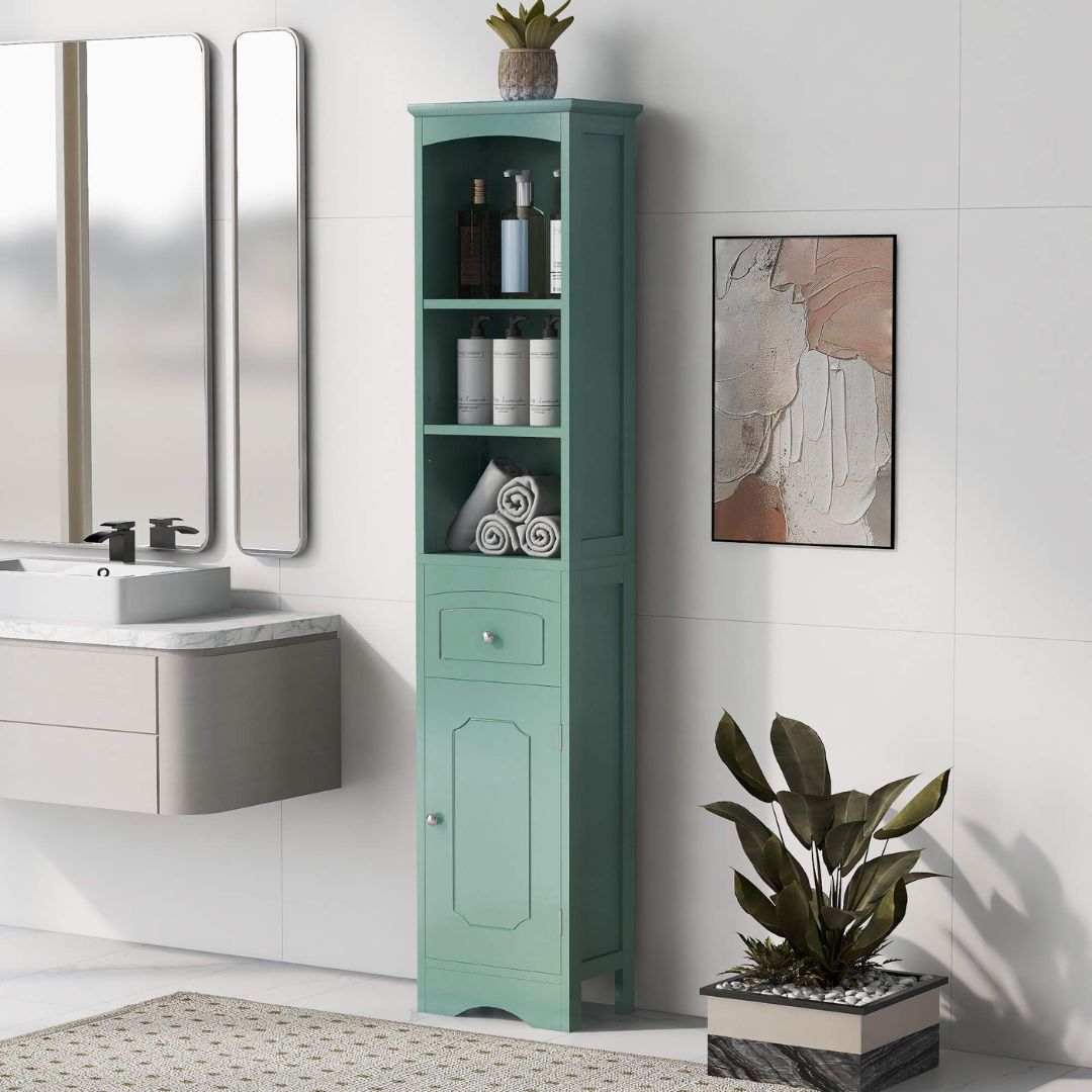 Freestanding Tall Green Storage Cabinet with Drawer – CharmyDecor