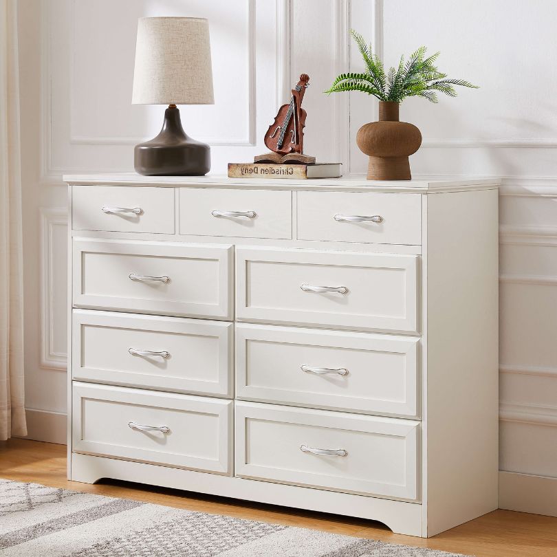 Elegant White Double Dresser with 9 Antique-Style Drawers – CharmyDecor