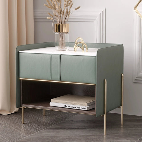 Modern Wood Nightstand with Leather Upholstery and Sintered Stone Accent