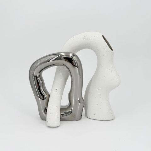 Abstract Ceramic Vases – Modern White and Silver Sculptural Vase Set