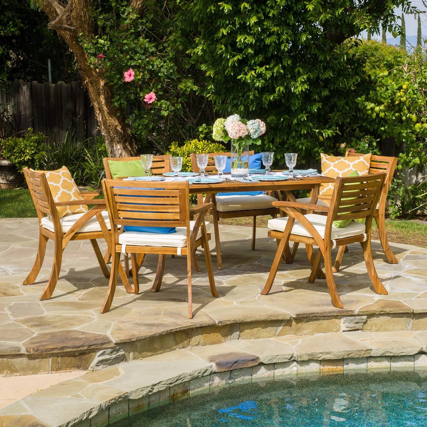 7 Piece Acacia Wood Outdoor Dining Set with Cushions, Teak Finish Pati ...