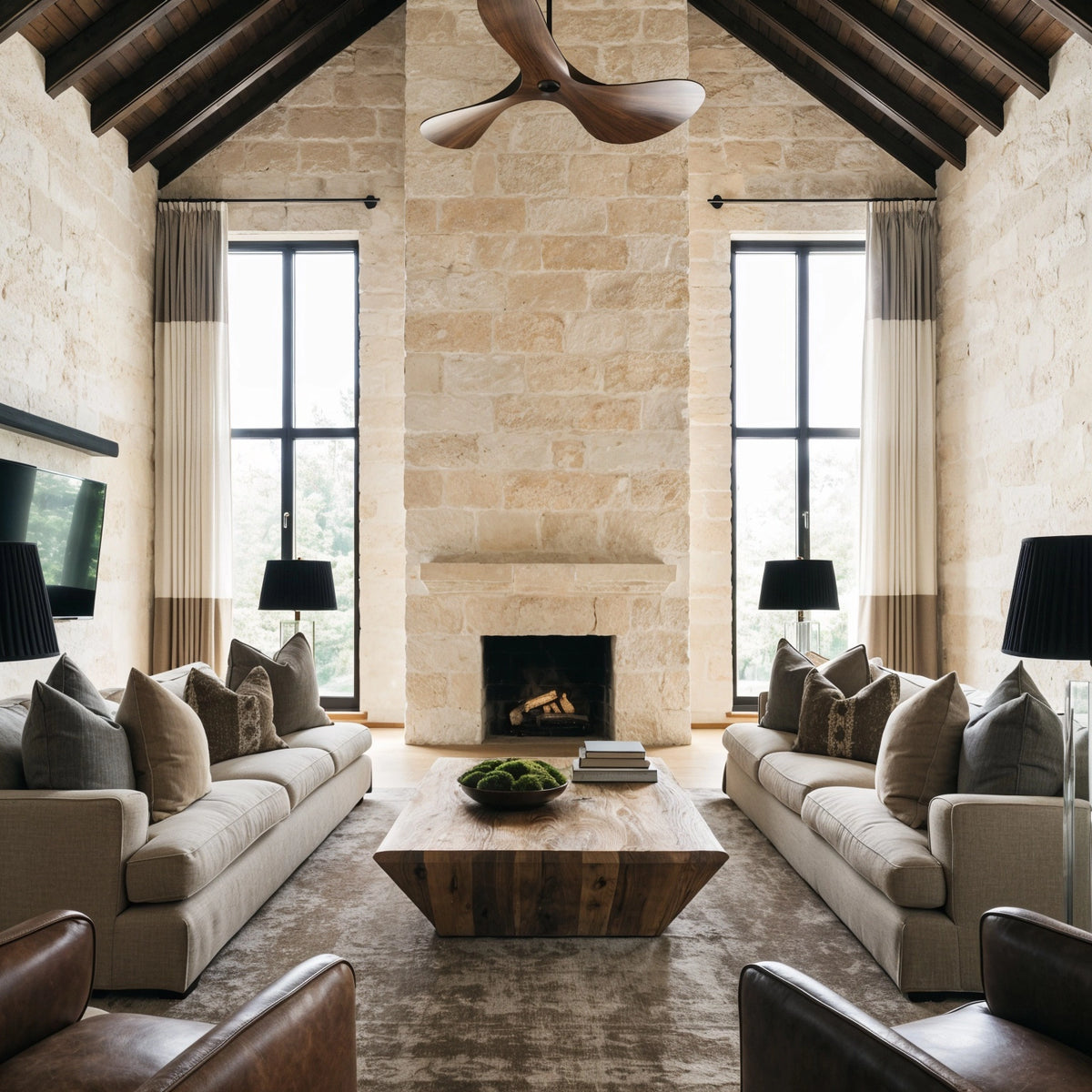 Beige living room with fireplace featuring a floor-to-ceiling stone surround, matching neutral sofas, a wood coffee table, vaulted timber ceiling, and cognac leather chairs, CharmyDecor