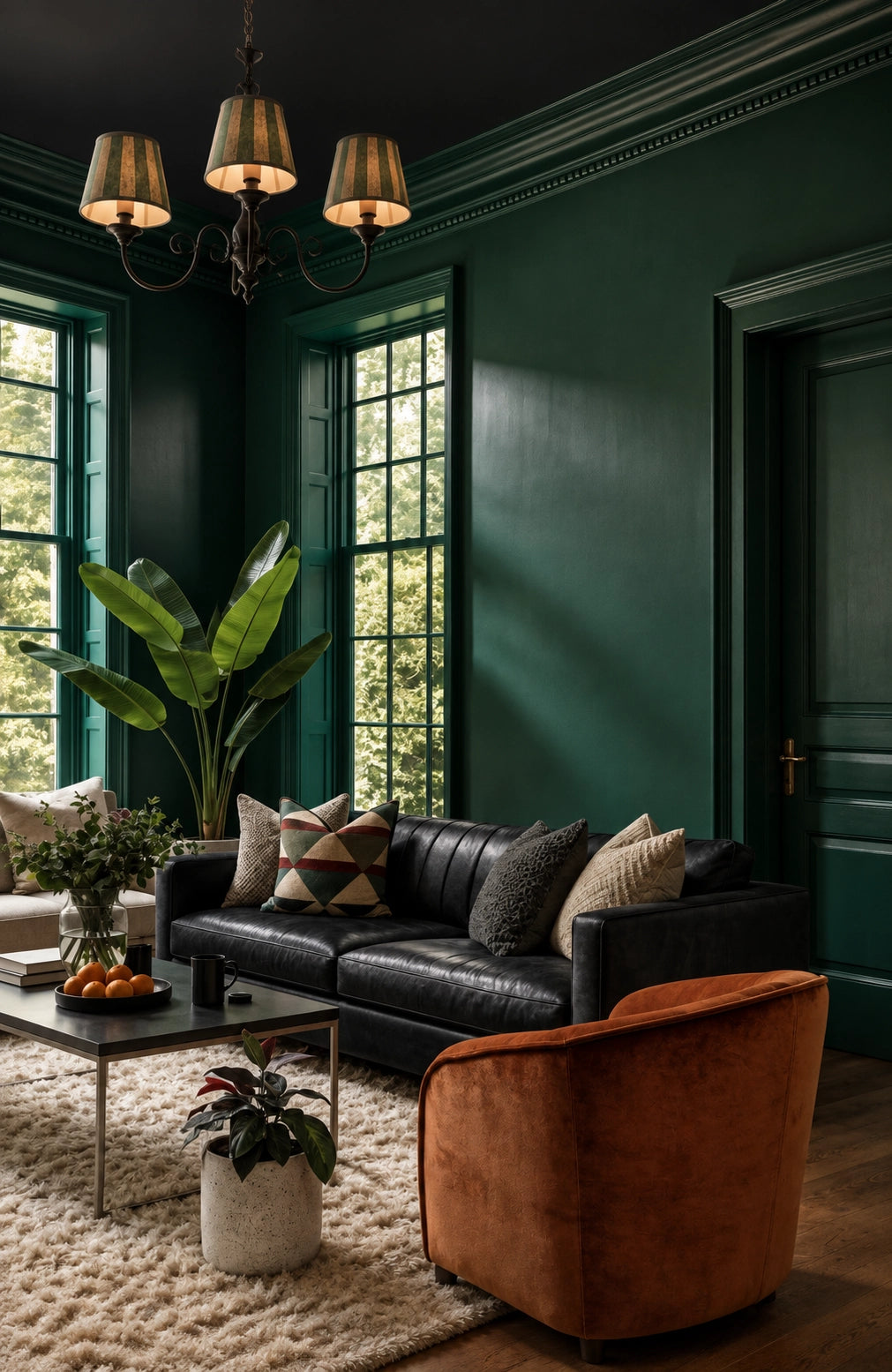 Forest green living room with black ceiling, black leather sofa, rust accent chair, cream shag rug, tropical plant, black coffee table, and tall traditional windows.