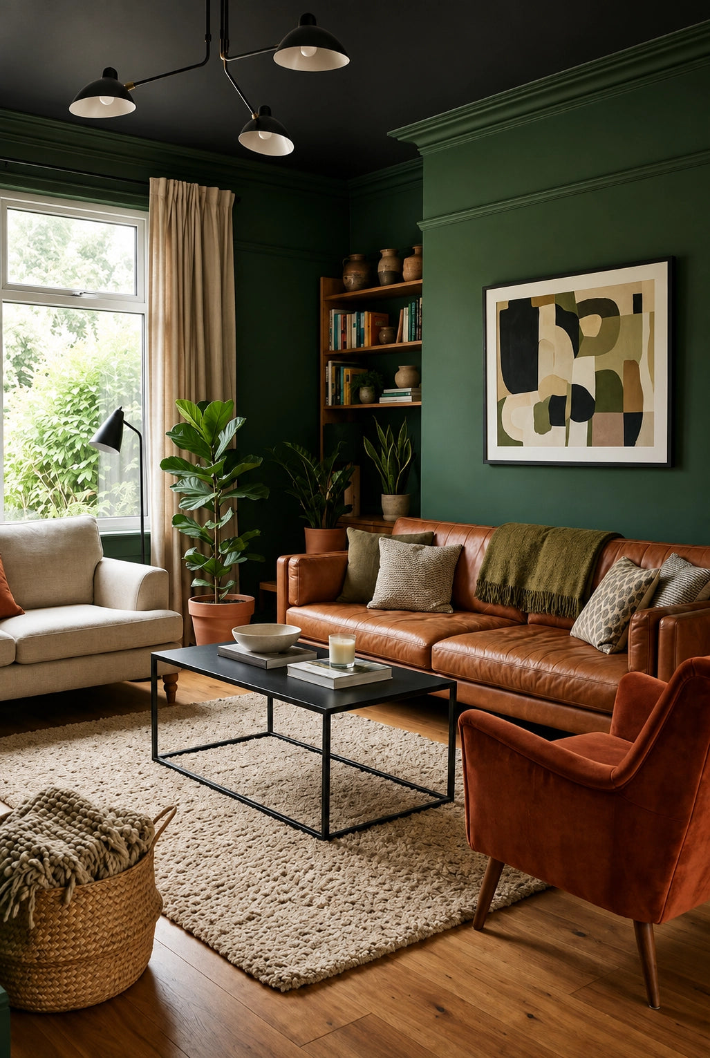 Forest green living room with black ceiling, cognac leather sofa, rust accent chair, cream armchair, black coffee table, abstract wall art, and layered houseplants.