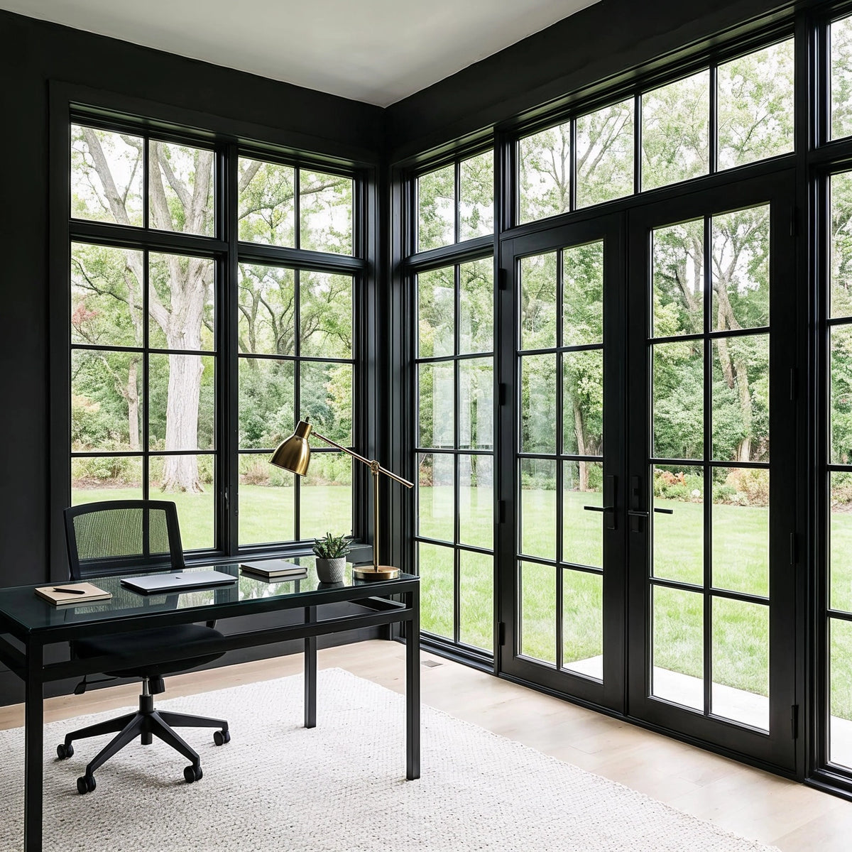 Contemporary black home office with floor-to-ceiling black-framed windows and French doors, glass desk, black mesh chair, brass task lamp, light rug, and garden view.