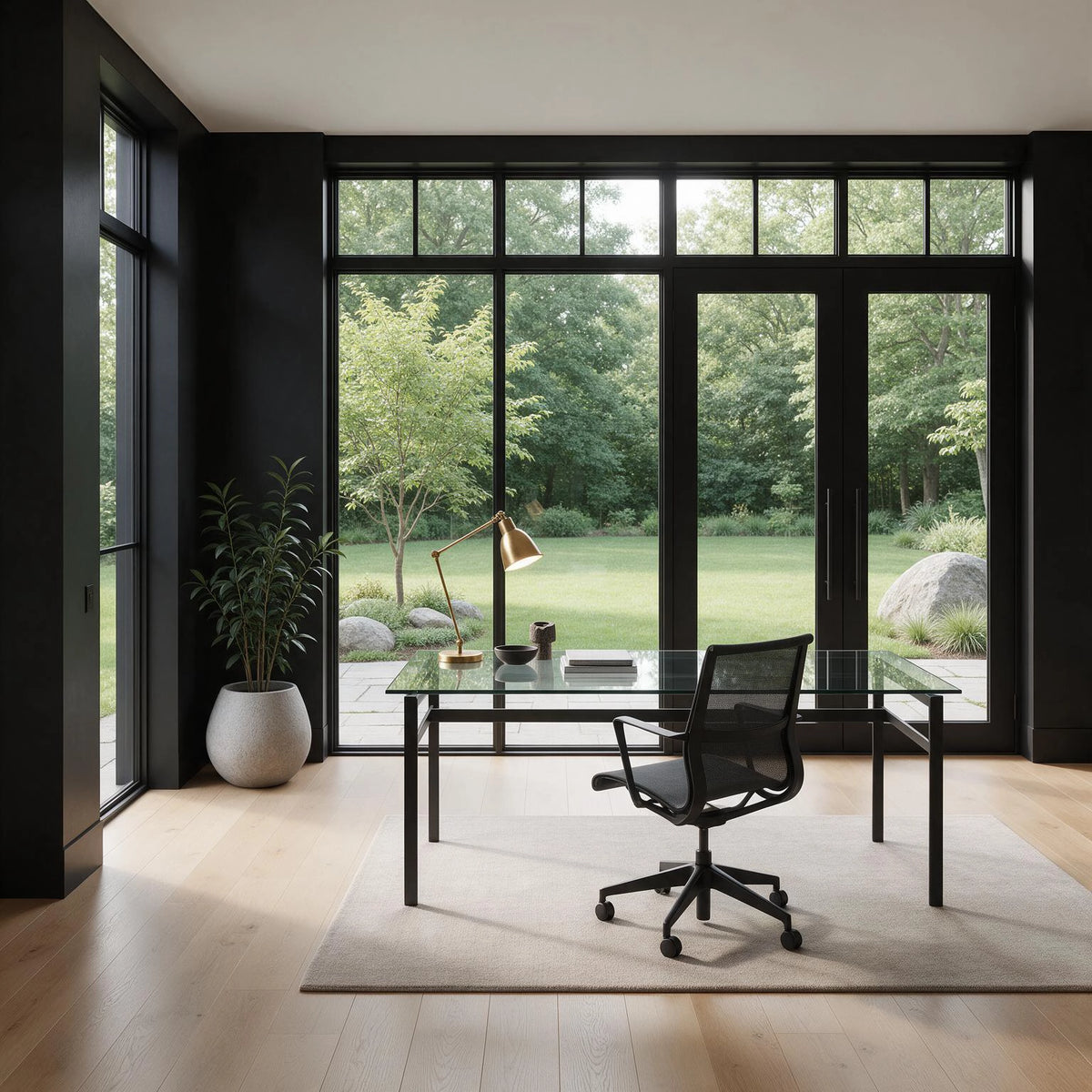 Contemporary black home office with floor-to-ceiling black-framed windows and glass doors, glass-top desk, black mesh chair, brass task lamp, pale rug, and garden view.
