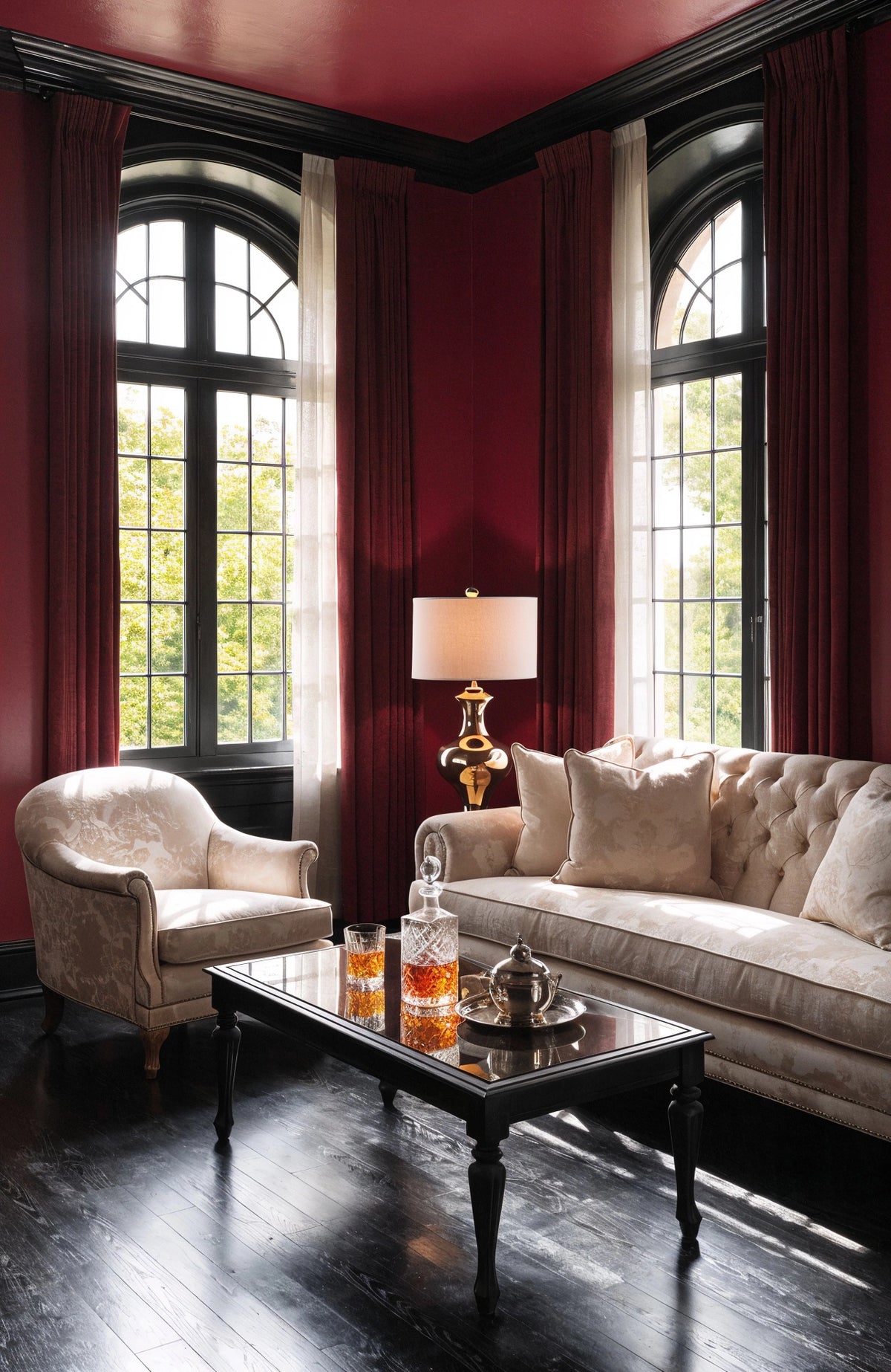 Burgundy living room with black wood floor, black arched window frames, cream tufted sofa and armchair, black coffee table, burgundy curtains, and warm table lighting.