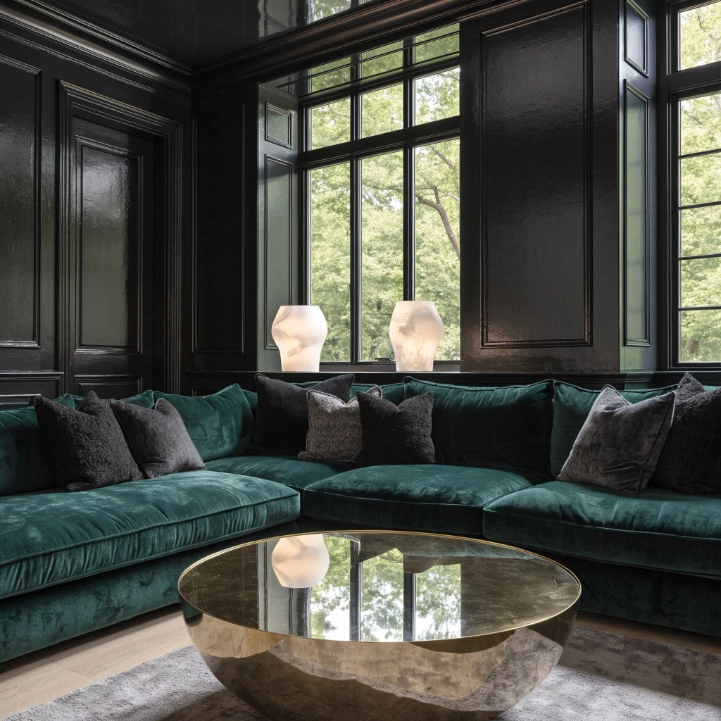 Black paneled living room with a forest green velvet sectional sofa, charcoal pillows, reflective sculptural coffee table, large windows, and white accent lamps.