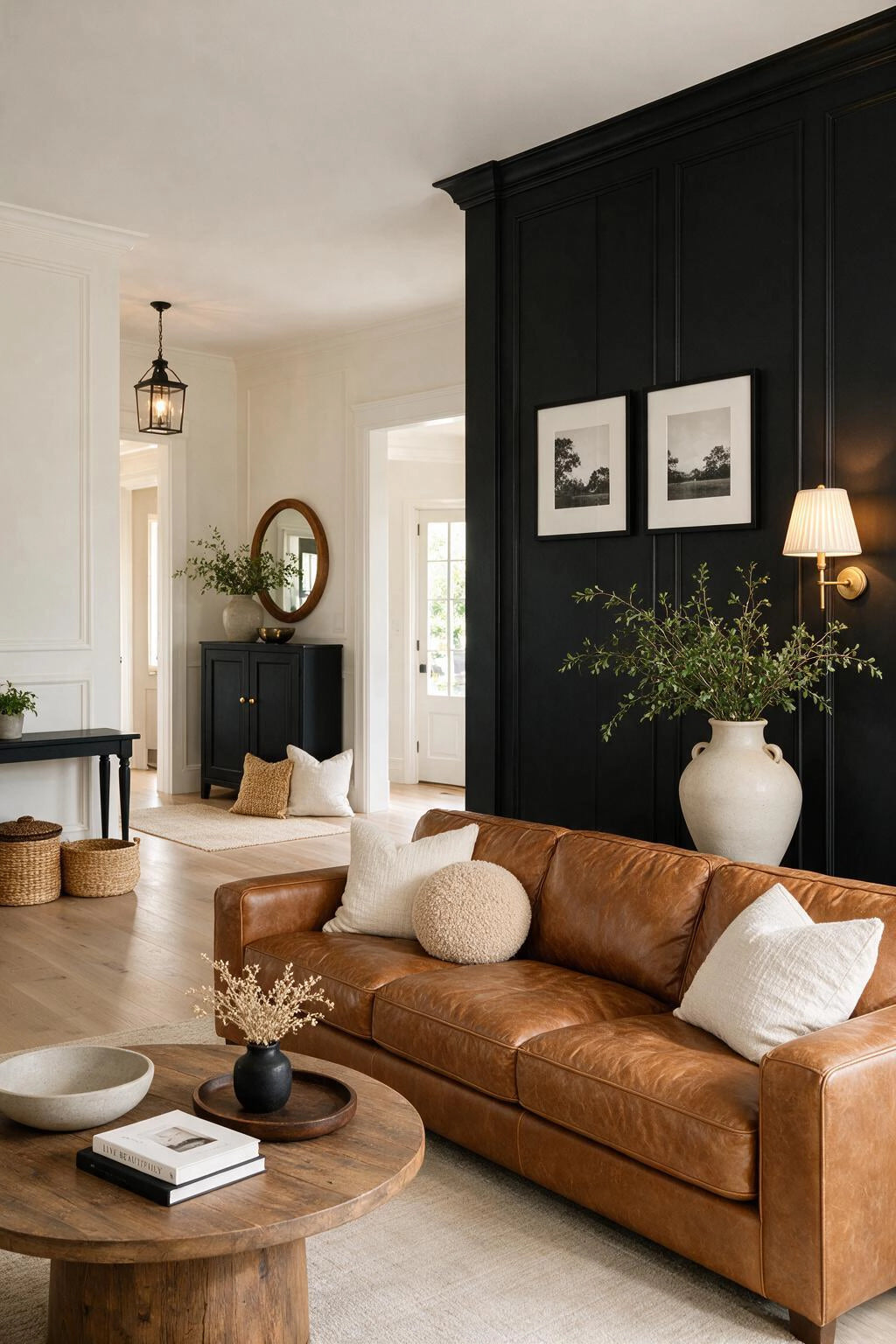 Black living room ideas with a paneled black accent wall behind a cognac leather sofa, cream pillows, warm wood coffee table, and neutral decor.