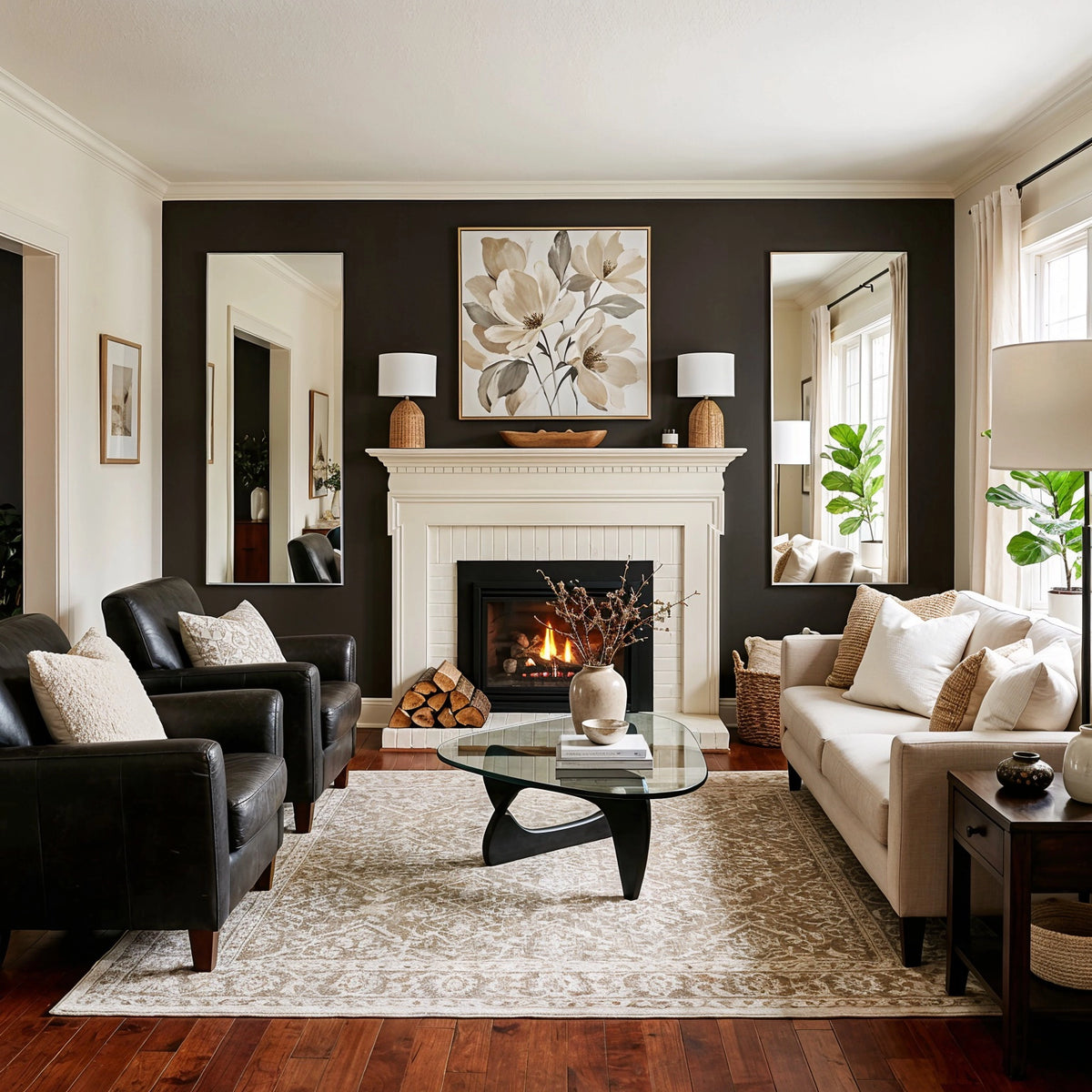 Black living room ideas with a deep black accent wall, warm white fireplace, black leather chairs, cream sofa, tall mirrors, neutral rug, and natural decor.
