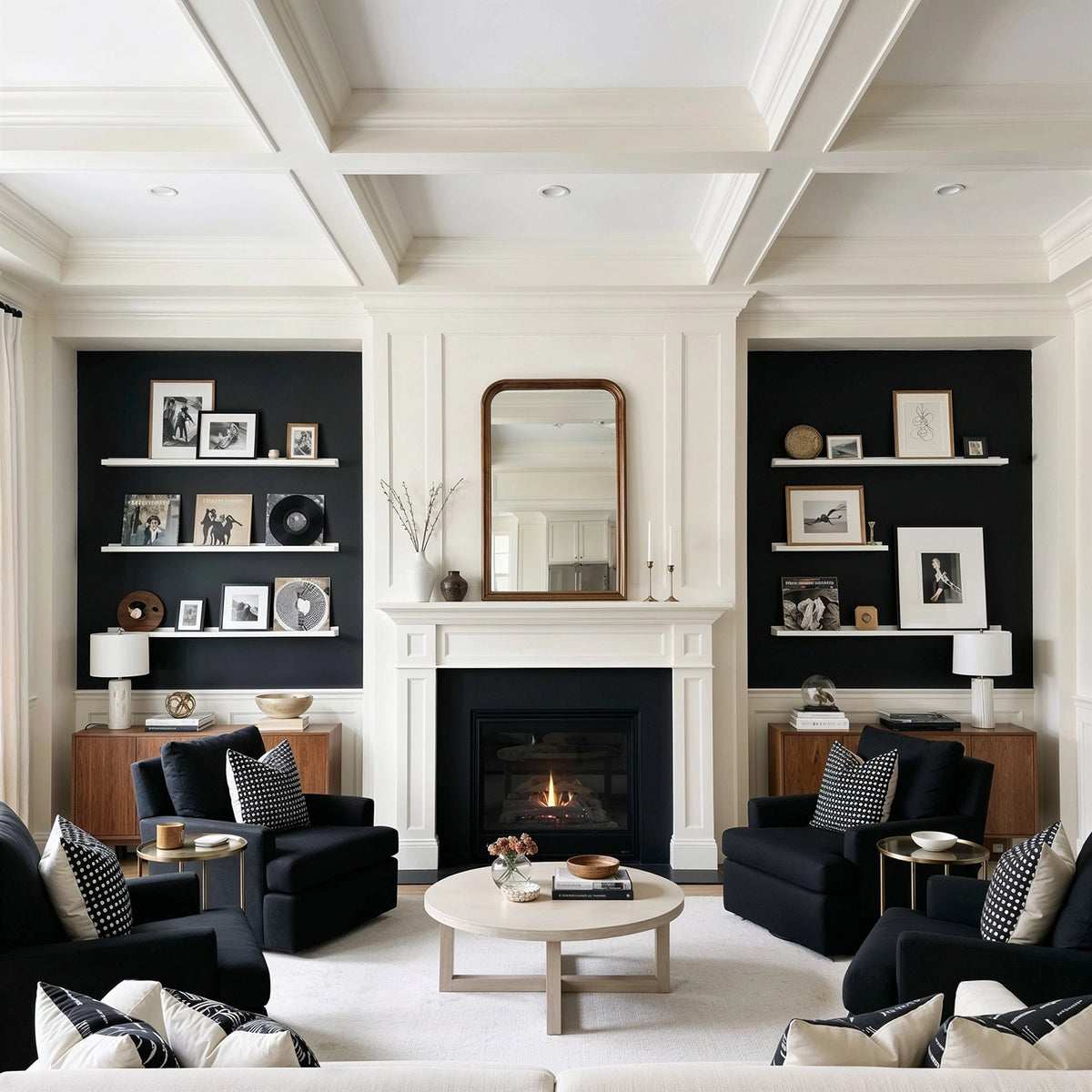 Black living room ideas with deep black accent walls, warm white fireplace and coffered ceiling, black lounge chairs, white shelving, pale rug, and neutral transitional decor.