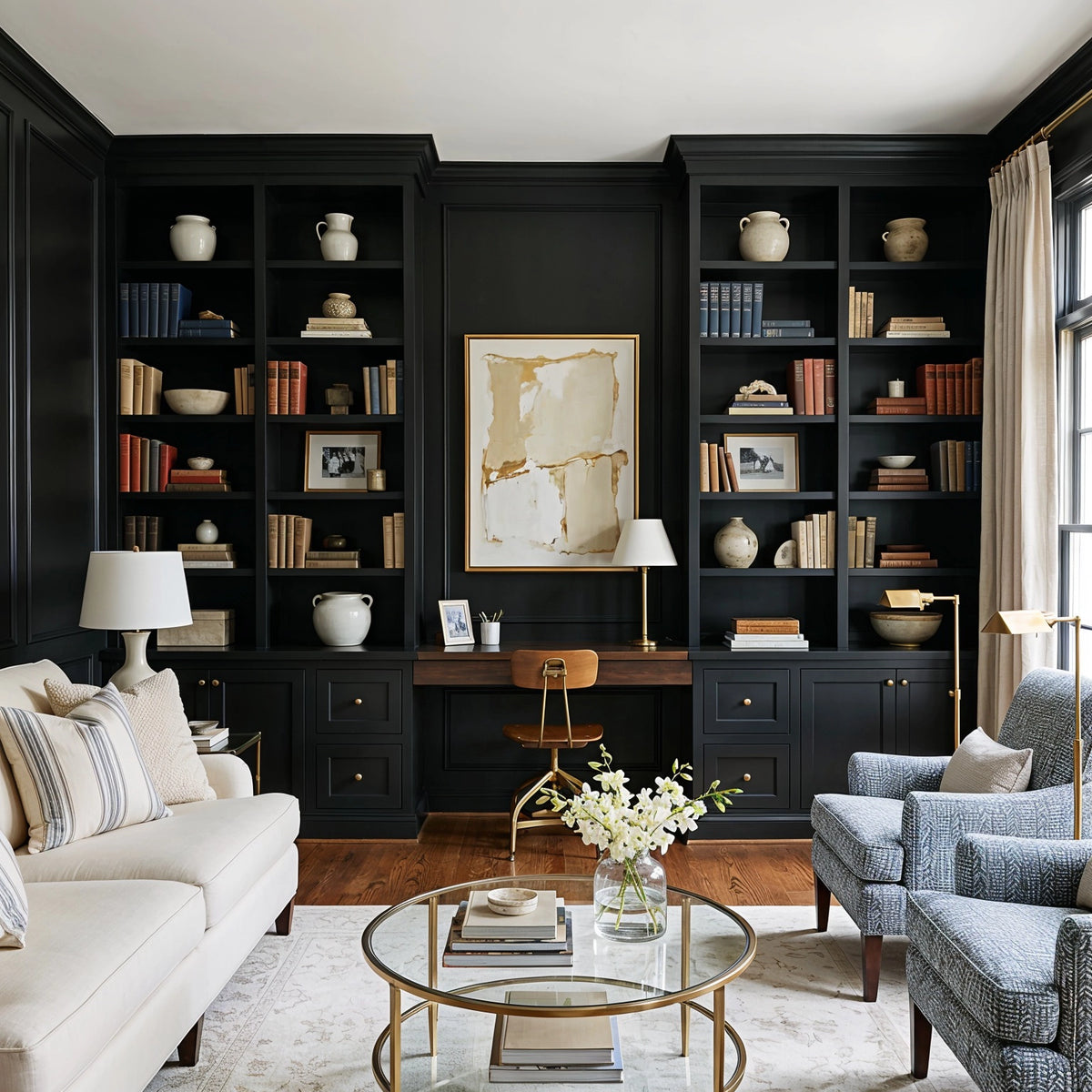 Black living room ideas with floor-to-ceiling black built-in bookcases, central writing desk, cream sofa, blue patterned armchairs, brass glass coffee table, and collected decor.