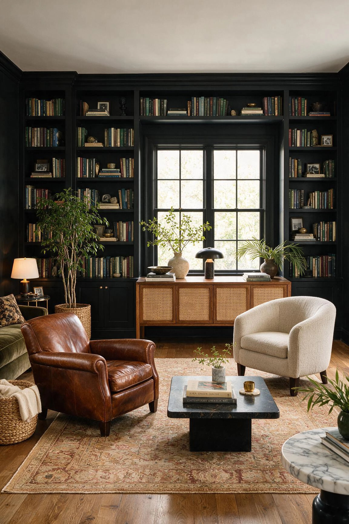 Black living room ideas with floor-to-ceiling black built-in shelving around a window, colorful books, cane wood credenza, cognac leather chair, cream accent chair, plants, and vintage rug.