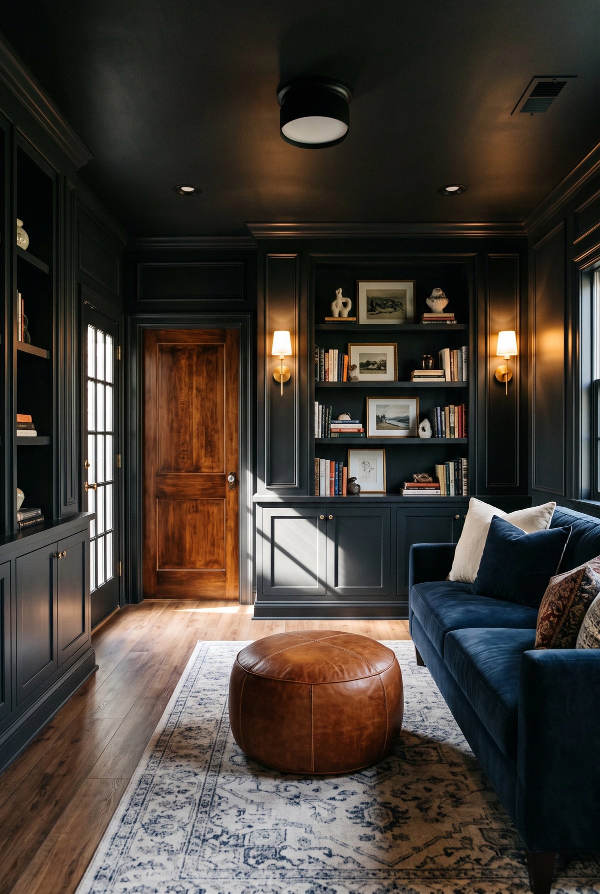 Black living room ideas with black built-in shelves and paneled walls, navy velvet sofa, cognac leather ottoman, warm wood door, and patterned area rug.