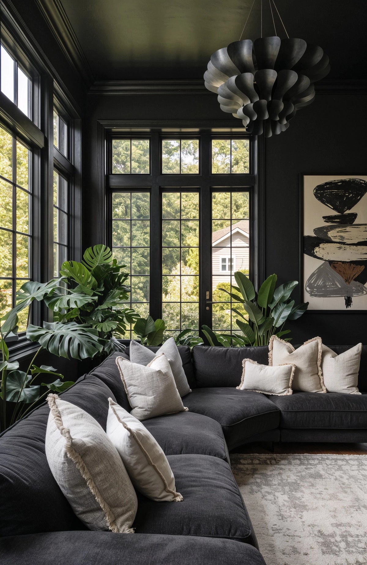 Black living room ideas with black walls and ceiling, charcoal sectional sofa, cream pillows, large black-framed windows, indoor greenery, and sculptural pendant lighting.