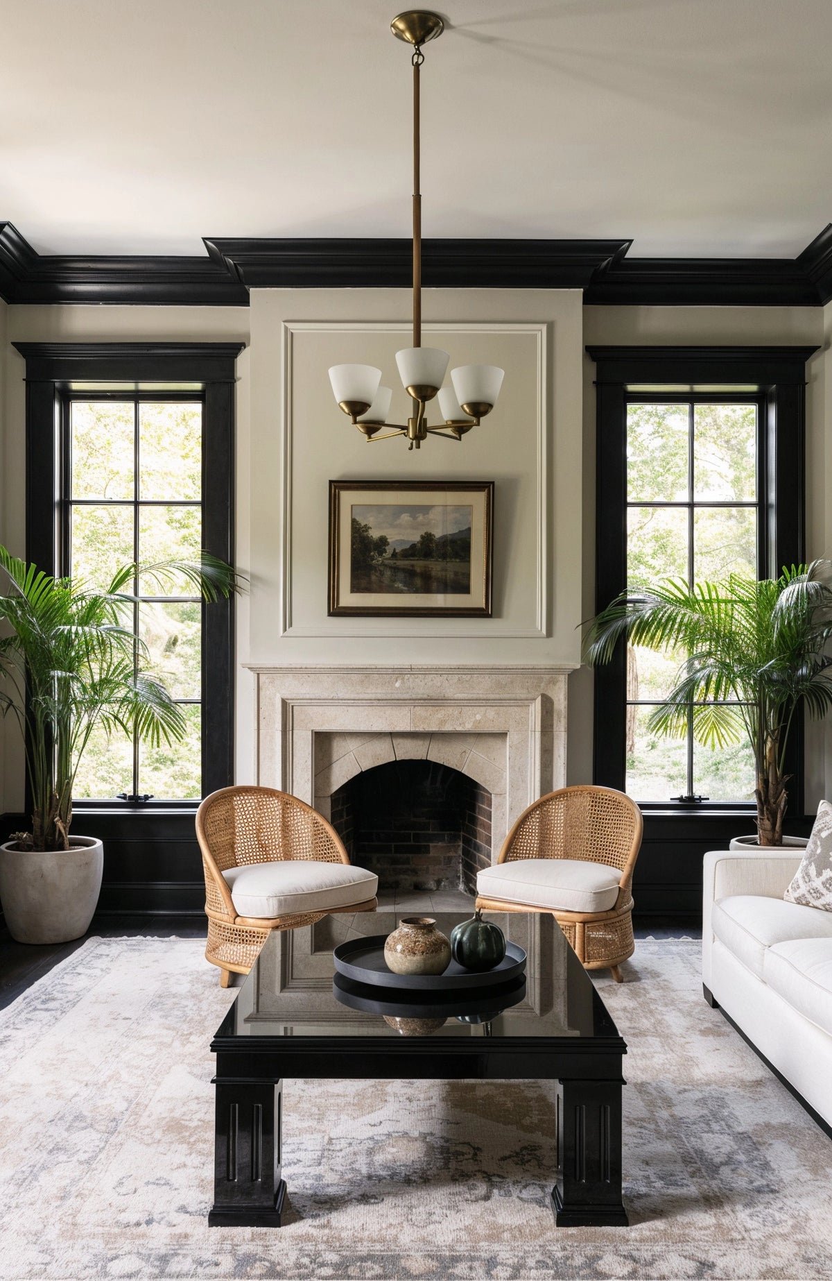 Black living room ideas with black crown molding and window trim, light stone fireplace, woven cane chairs, pale sofa, brass chandelier, and neutral transitional decor.