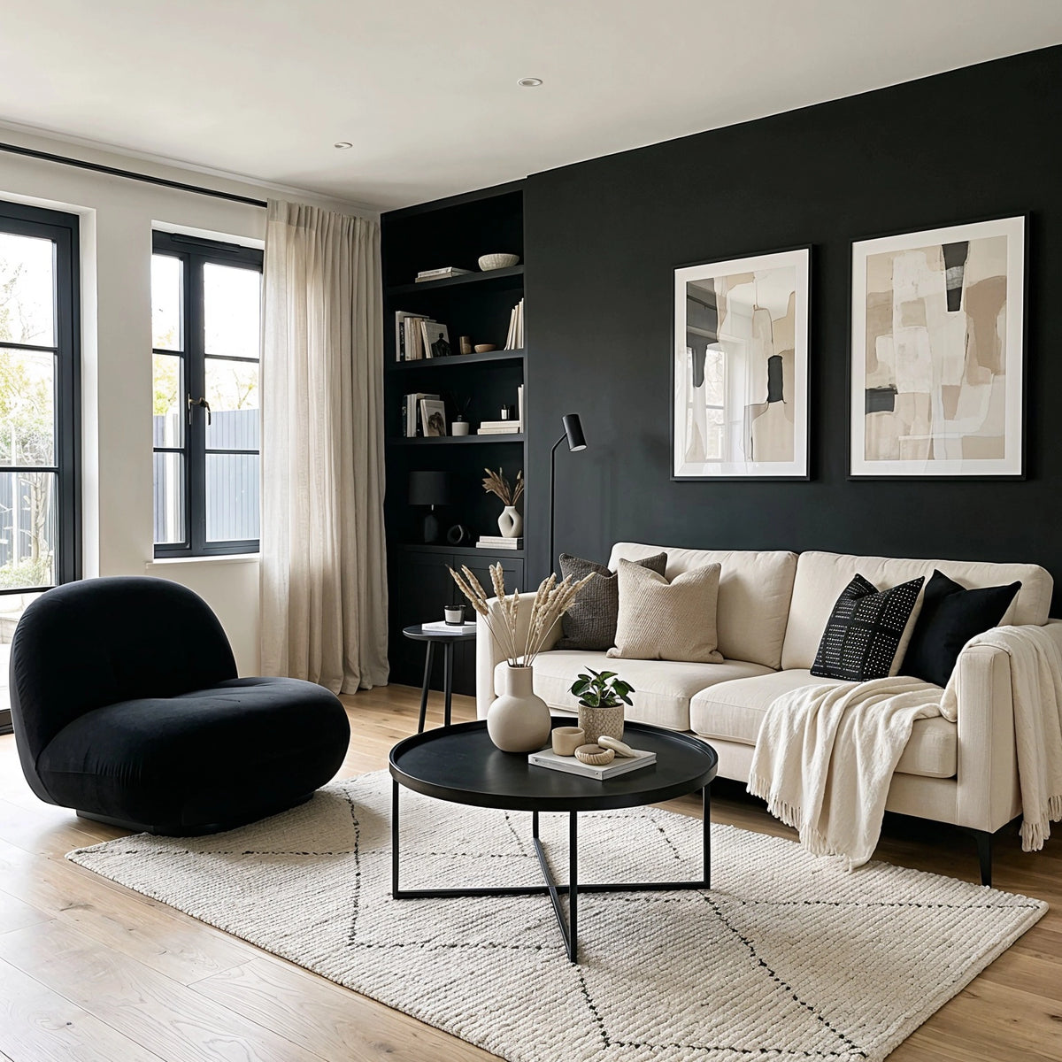 Black living room ideas with a black feature wall, cream sofa, sculptural black accent chair, black coffee table, beige and black abstract artwork, pale rug, and light wood flooring.